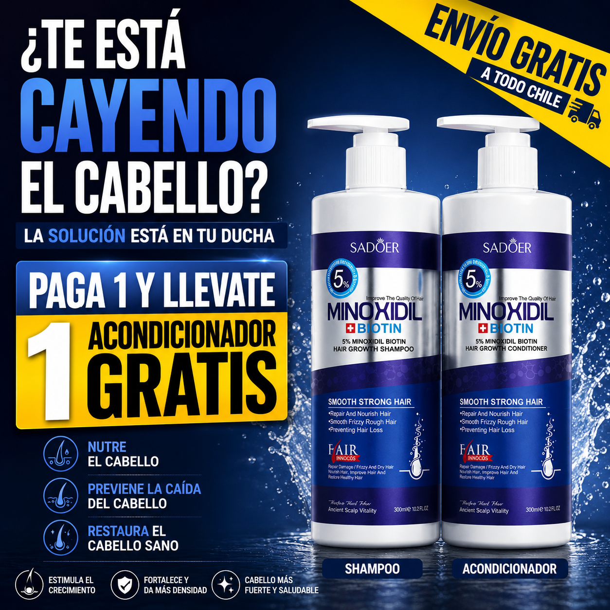 SADOER® Shampoo + Acondicionador Minoxidil 5% + Biotina Anticaida