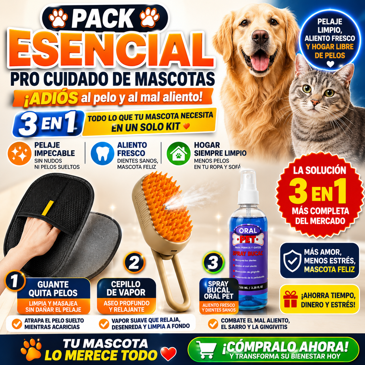 Kit Essential Pro™ | Cepillo Vapor +Oral Pet + Guante