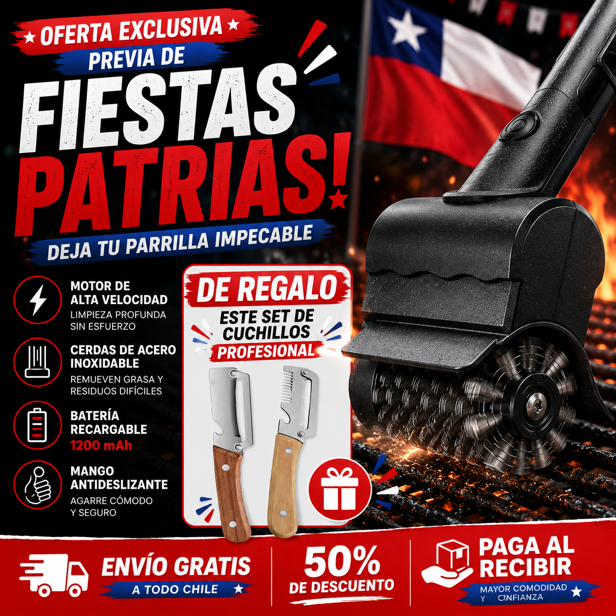 GrillPro™ Cepillo Eléctrico para Parrillas + Set Cuchillos PROF.