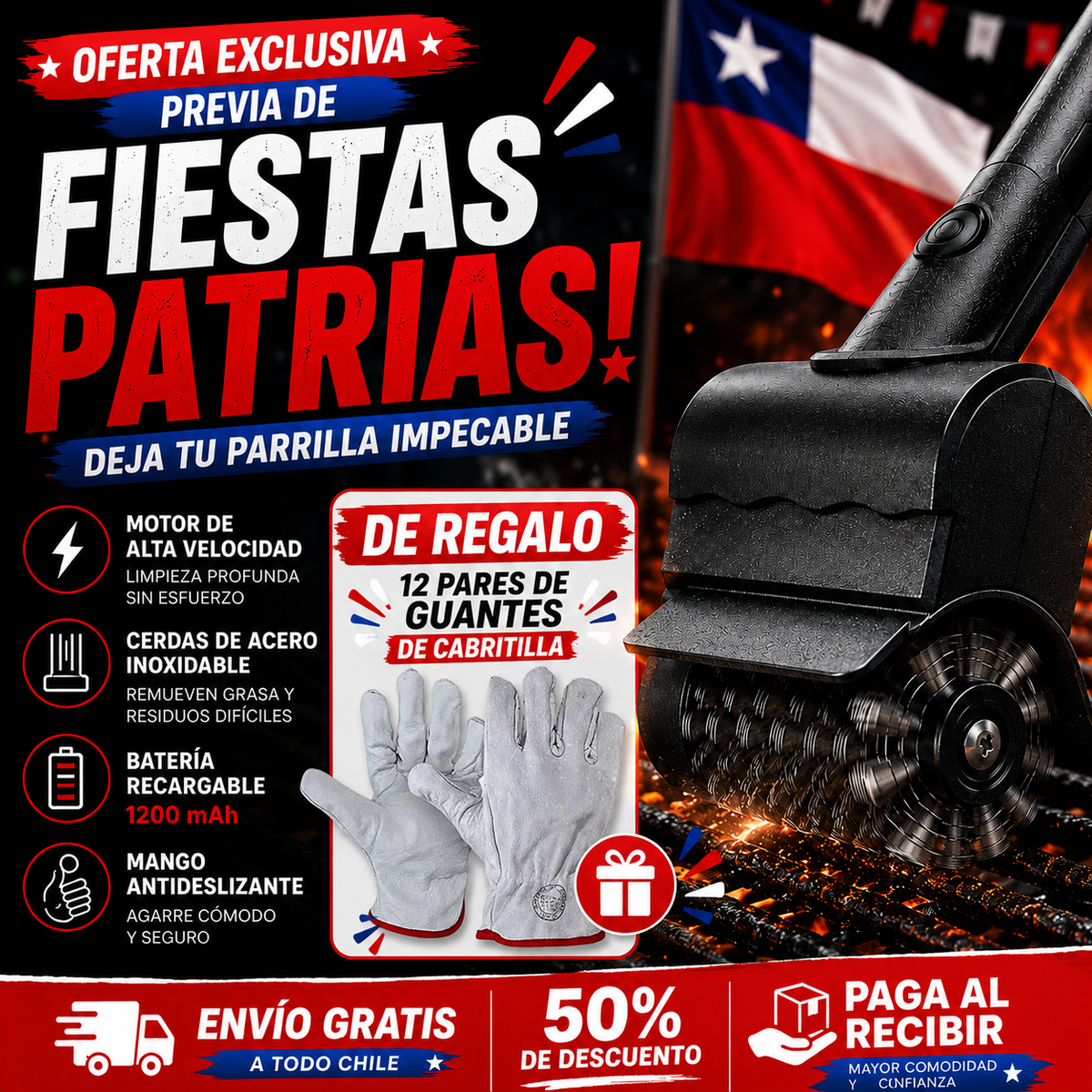 GrillPro™ Cepillo Eléctrico para Parrillas + 12 Par Guantes Gratis