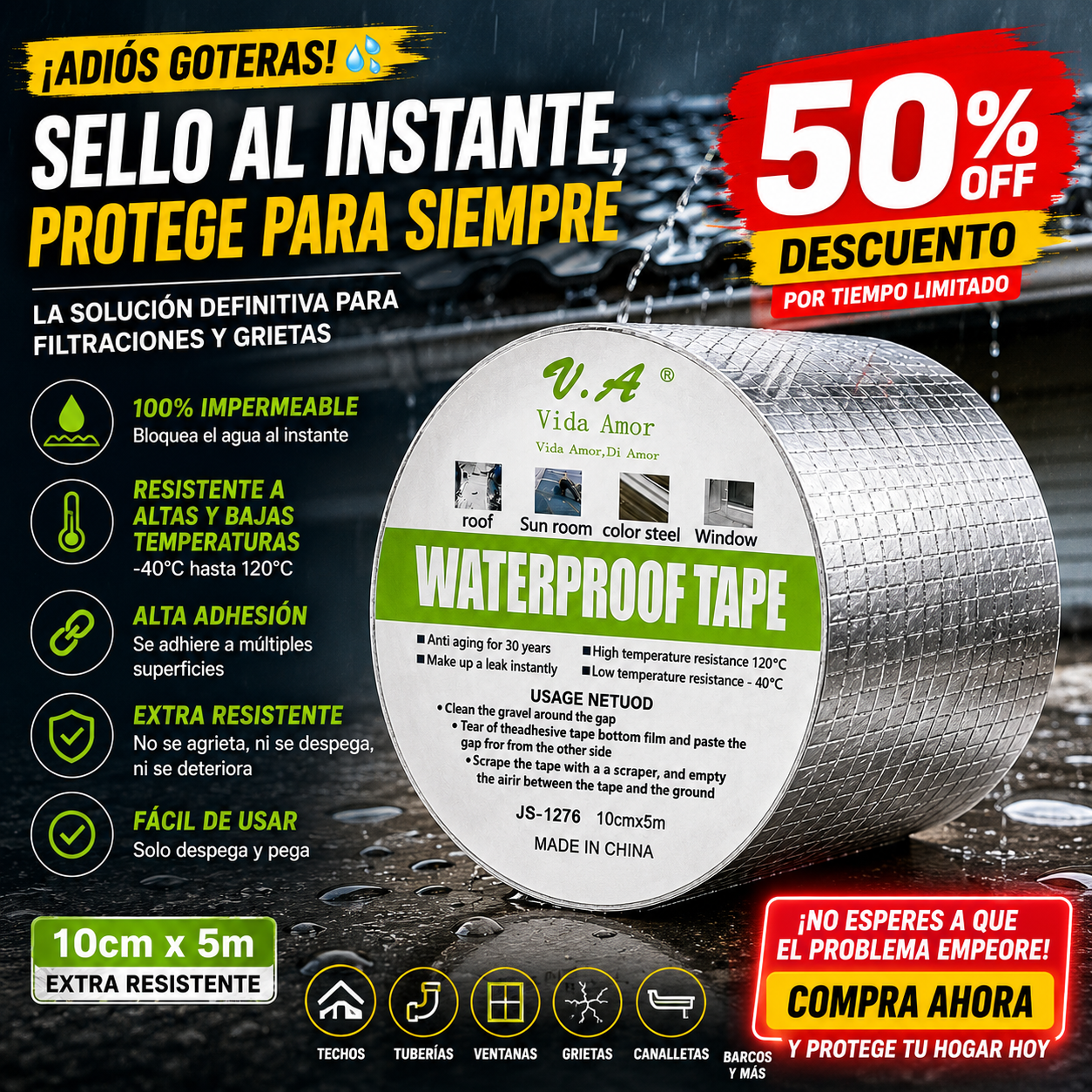 ImperMax Pro™  Cinta Tapa Gotera De Butilo 10cm X 5mts