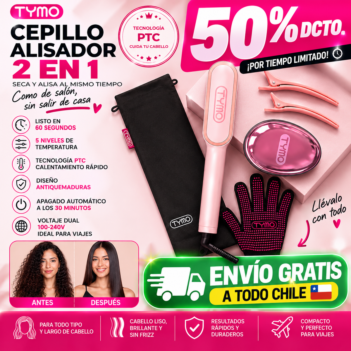 TYMO Cepillo Alisador Rizador Profesional