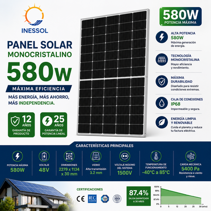 Panel Solar Monocristalino INESSOL 580W – Alta Eficiencia y Máximo Rendimiento